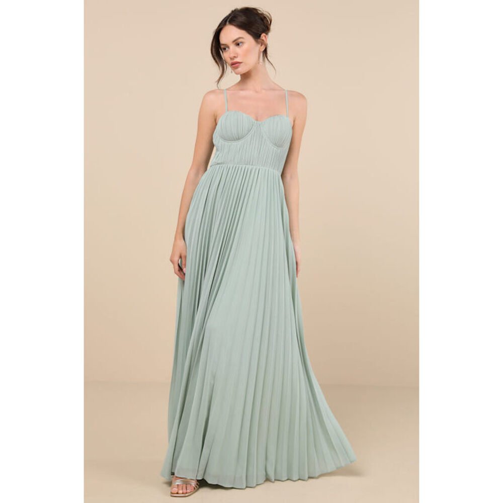Lulus Admirable Elegance Sage Green Pleated Bustier Maxi Dress - Size S